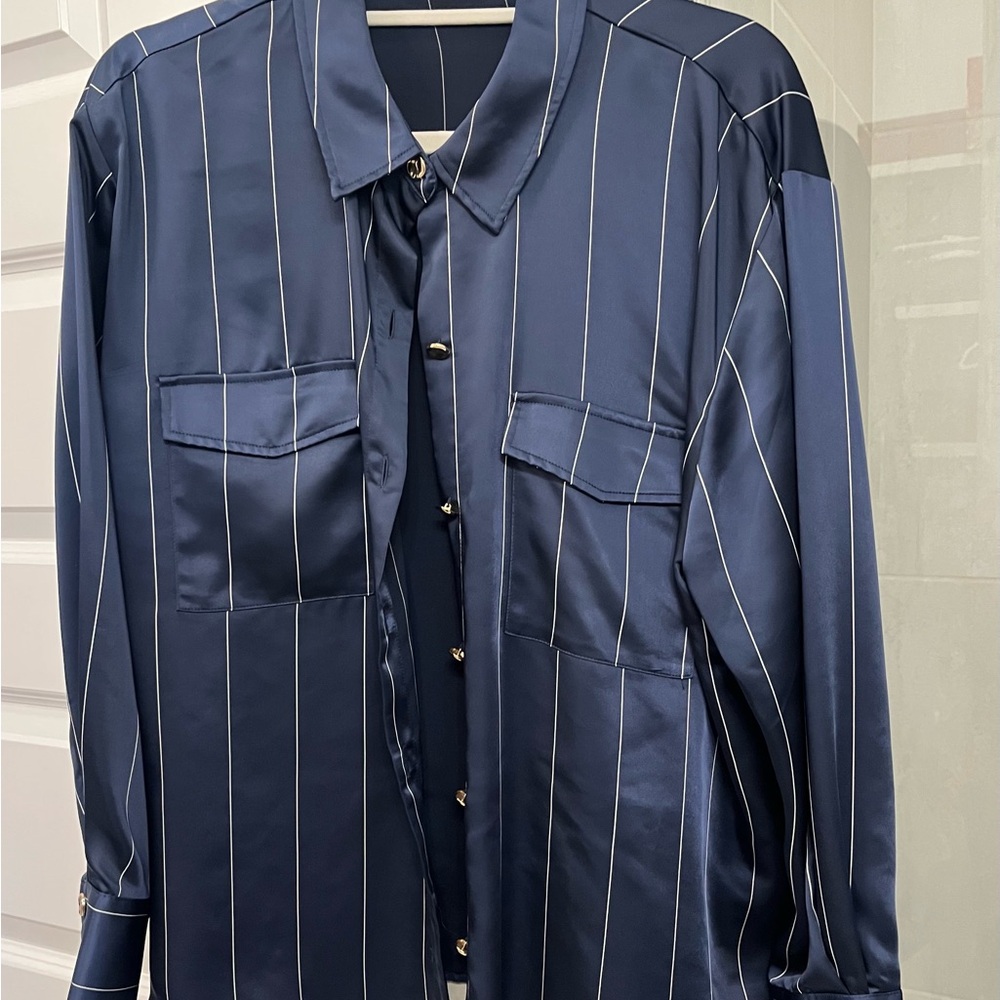 Navy Blue w/Gold Stripe Womens Blouse